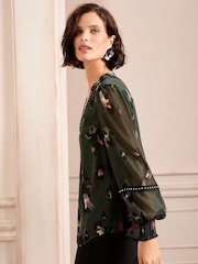 Love & Roses Khaki Green V-Neck Hardware Long Sleeve Blouse - Image 4 of 4