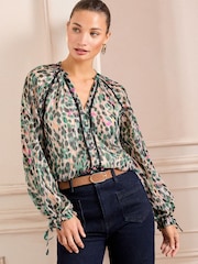 Love & Roses Ivory Animal Printed Notch Neck Poet Sleeve Tie Cuff Blouse - Image 1 of 4