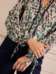 Love & Roses Ivory Animal Printed Notch Neck Poet Sleeve Tie Cuff Blouse - Image 2 of 4