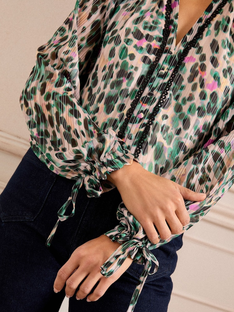 Love & Roses Ivory Animal Printed Notch Neck Poet Sleeve Tie Cuff Blouse - Image 2 of 4