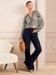Love & Roses Ivory Animal Printed Notch Neck Poet Sleeve Tie Cuff Blouse - Image 3 of 4
