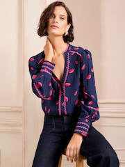 Love & Roses Navy Leopard Print Ric Rac Notch Neck Long Sleeve Blouse - Image 1 of 4