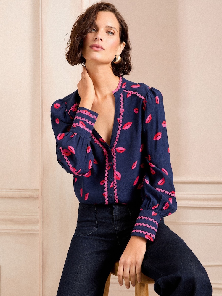 Love & Roses Navy Leopard Print Ric Rac Notch Neck Long Sleeve Blouse - Image 1 of 4