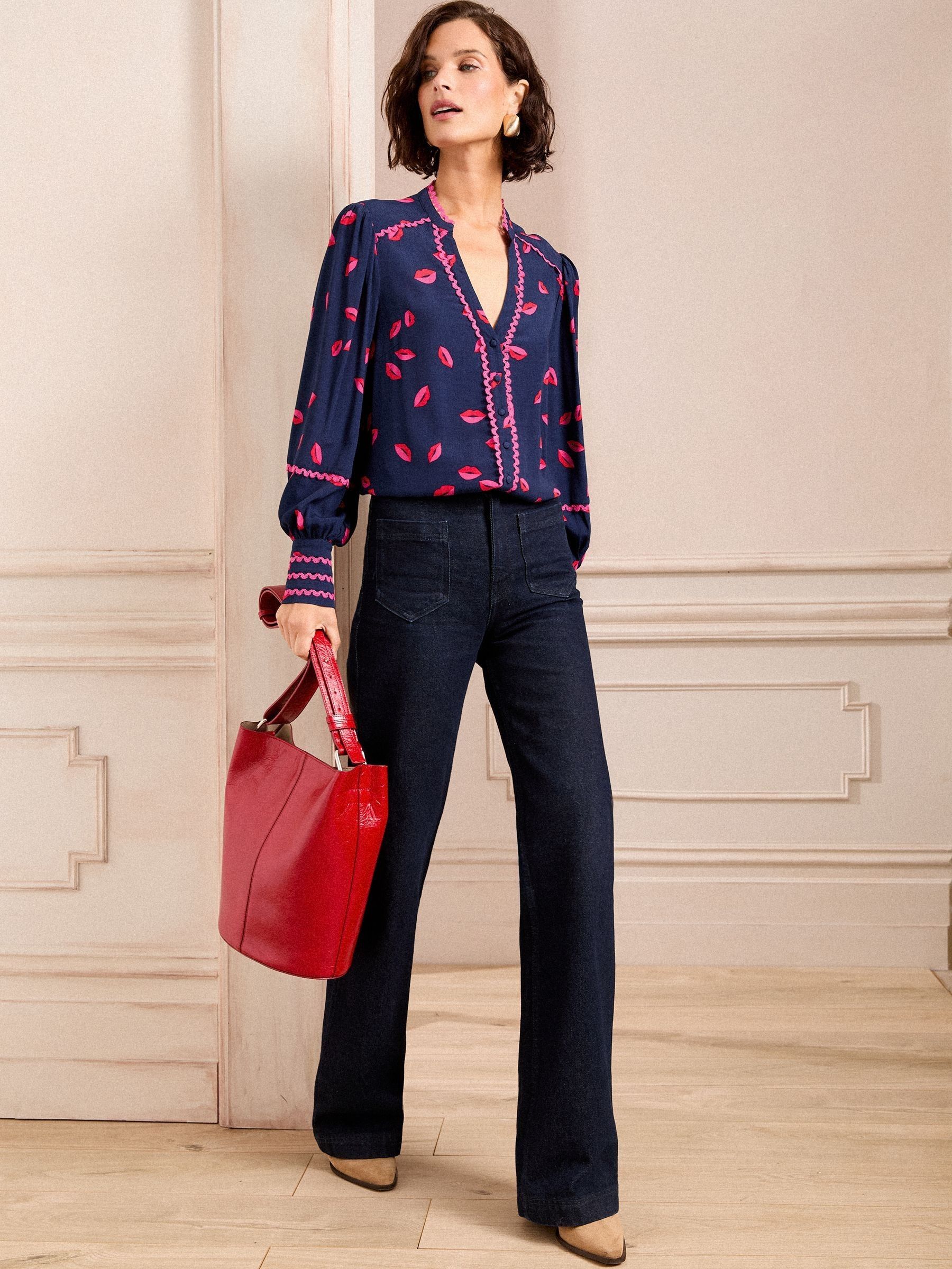 Buy Love & Roses Navy Leopard Print Ric Rac Notch Neck Long