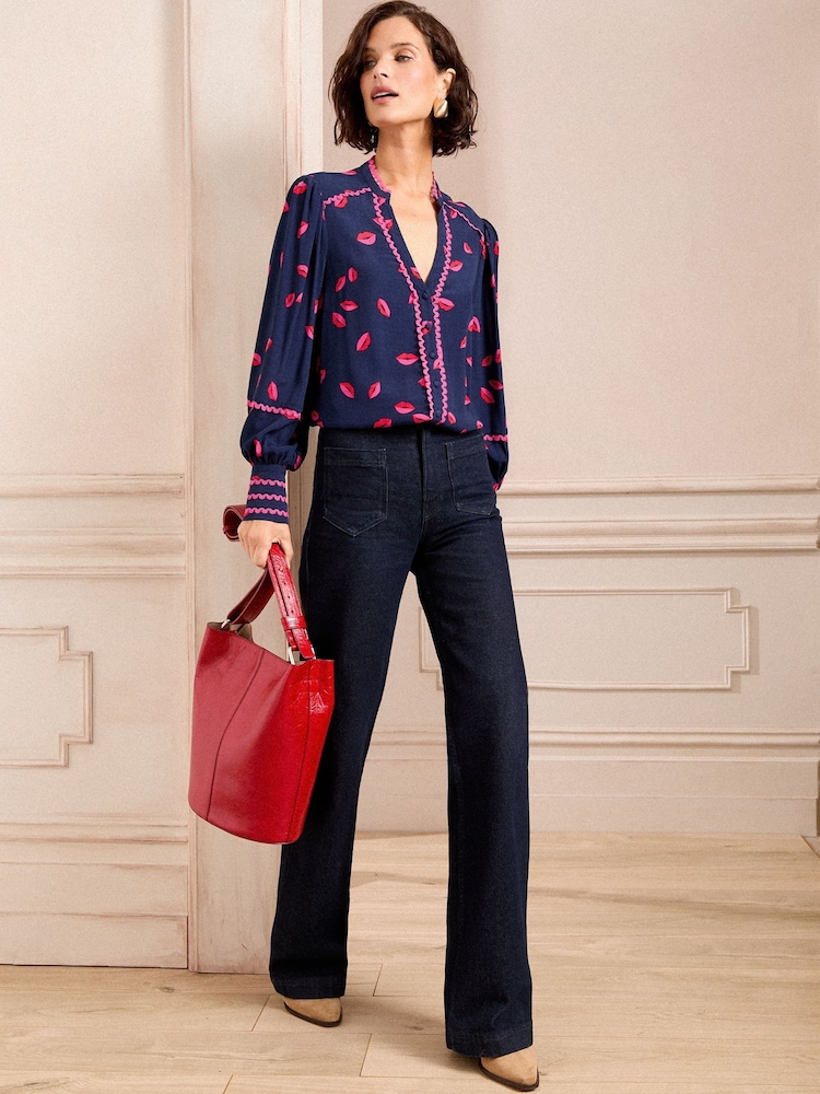 Love & Roses Navy Leopard Print Ric Rac Notch Neck Long Sleeve Blouse - Image 2 of 4