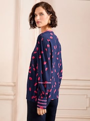 Love & Roses Navy Leopard Print Ric Rac Notch Neck Long Sleeve Blouse - Image 3 of 4