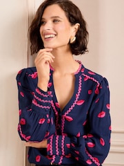 Love & Roses Navy Leopard Print Ric Rac Notch Neck Long Sleeve Blouse - Image 4 of 4