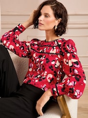 Love & Roses Red Animal Print Ric Rac Trim Crew Neck Long Sleeve Blouse - Image 1 of 4