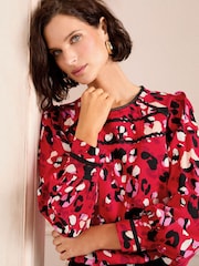 Love & Roses Red Animal Print Ric Rac Trim Crew Neck Long Sleeve Blouse - Image 2 of 4