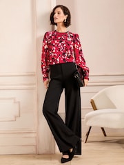 Love & Roses Red Animal Print Ric Rac Trim Crew Neck Long Sleeve Blouse - Image 3 of 4