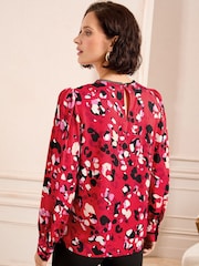 Love & Roses Red Animal Print Ric Rac Trim Crew Neck Long Sleeve Blouse - Image 4 of 4