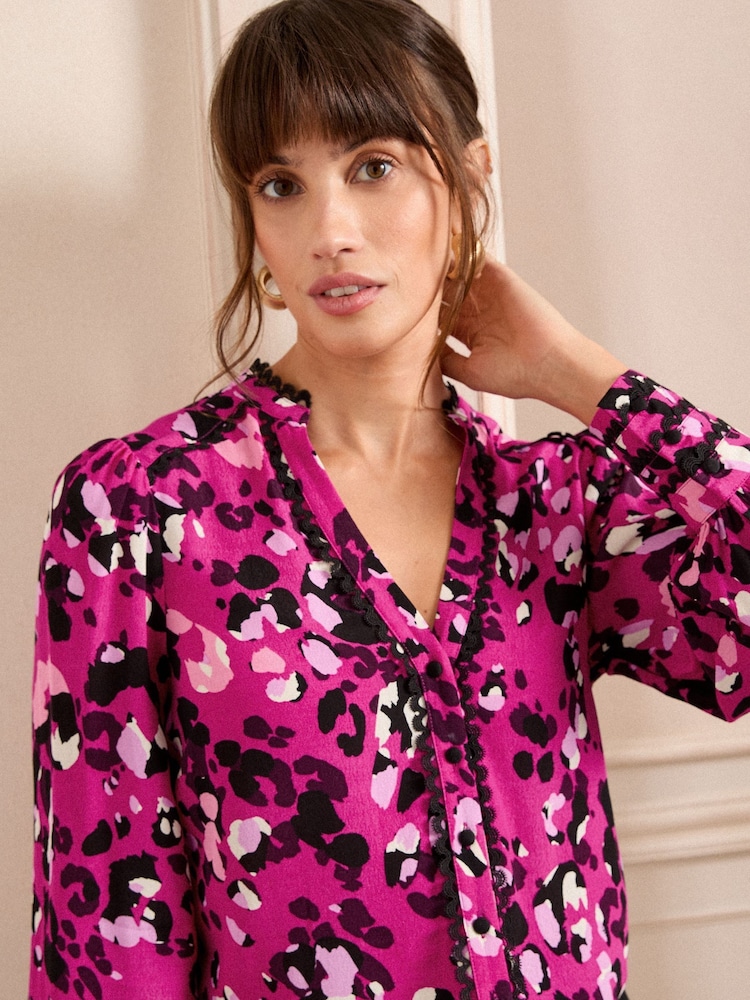 Love & Roses Pink Animal Leopard Print Ric Rac Notch Neck Long Sleeve Blouse - Image 2 of 4
