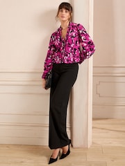 Love & Roses Pink Animal Leopard Print Ric Rac Notch Neck Long Sleeve Blouse - Image 3 of 4