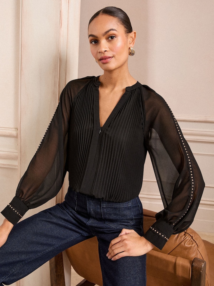Love & Roses Black Zip Detail Pleated Stud Trim Long Sleeve Blouse - Image 1 of 4 Love & Roses Black Zip Detail Pleated Stud Trim Long Sleeve Blouse - Image 1 of 4