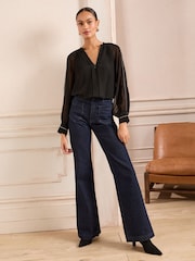 Love & Roses Black Zip Detail Pleated Stud Trim Long Sleeve Blouse - Image 2 of 4