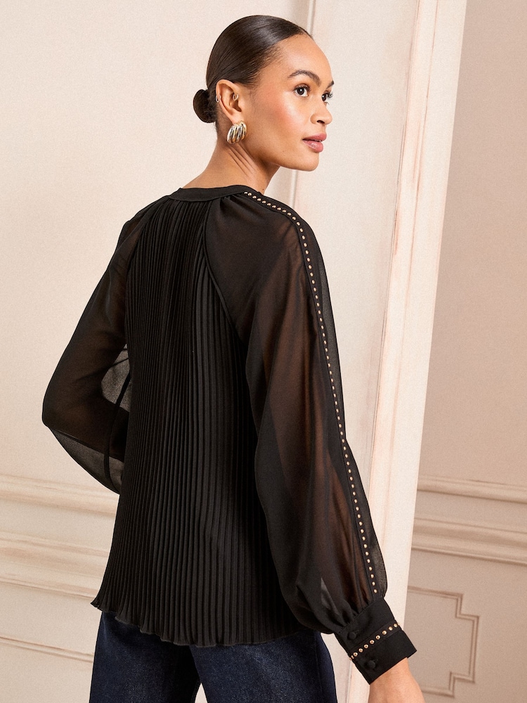 Love & Roses Black Zip Detail Pleated Stud Trim Long Sleeve Blouse - Image 3 of 4