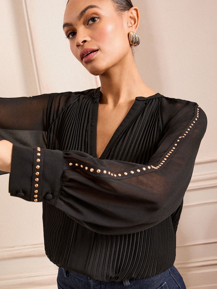 Love & Roses Black Zip Detail Pleated Stud Trim Long Sleeve Blouse - Image 4 of 4