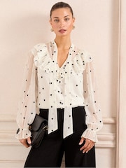 Love & Roses Ivory Heart Embroidered Frill Tie Detail Long Sleeve Blouse - Image 1 of 4
