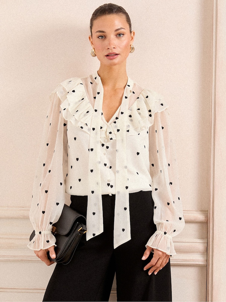 Love & Roses Ivory Heart Embroidered Frill Tie Detail Long Sleeve Blouse - Image 1 of 4