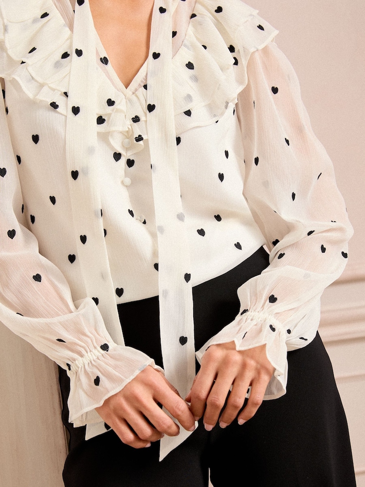 Love & Roses Ivory Heart Embroidered Frill Tie Detail Long Sleeve Blouse - Image 2 of 4
