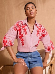 Love & Roses Red Embroidered Stripe Tie Cuff Shirt - Image 1 of 4