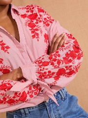 Love & Roses Red Embroidered Stripe Tie Cuff Shirt - Image 2 of 4
