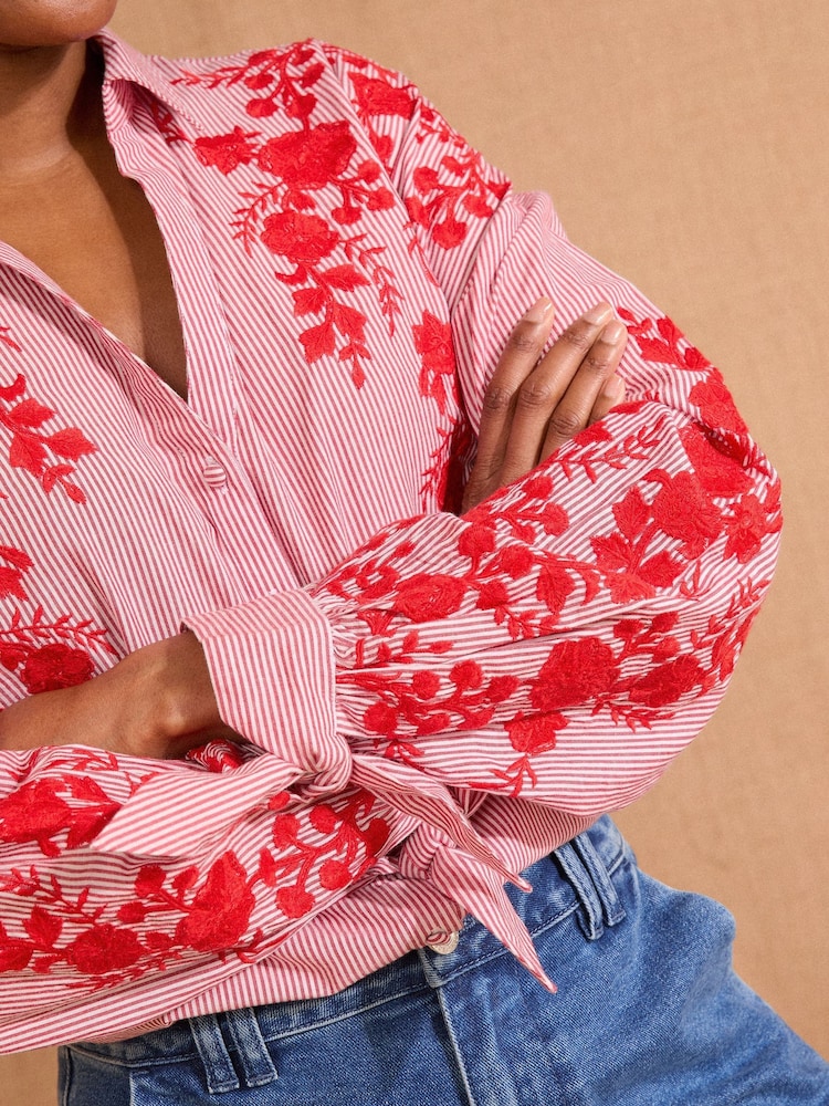 Love & Roses Red Embroidered Stripe Tie Cuff Shirt - Image 2 of 4