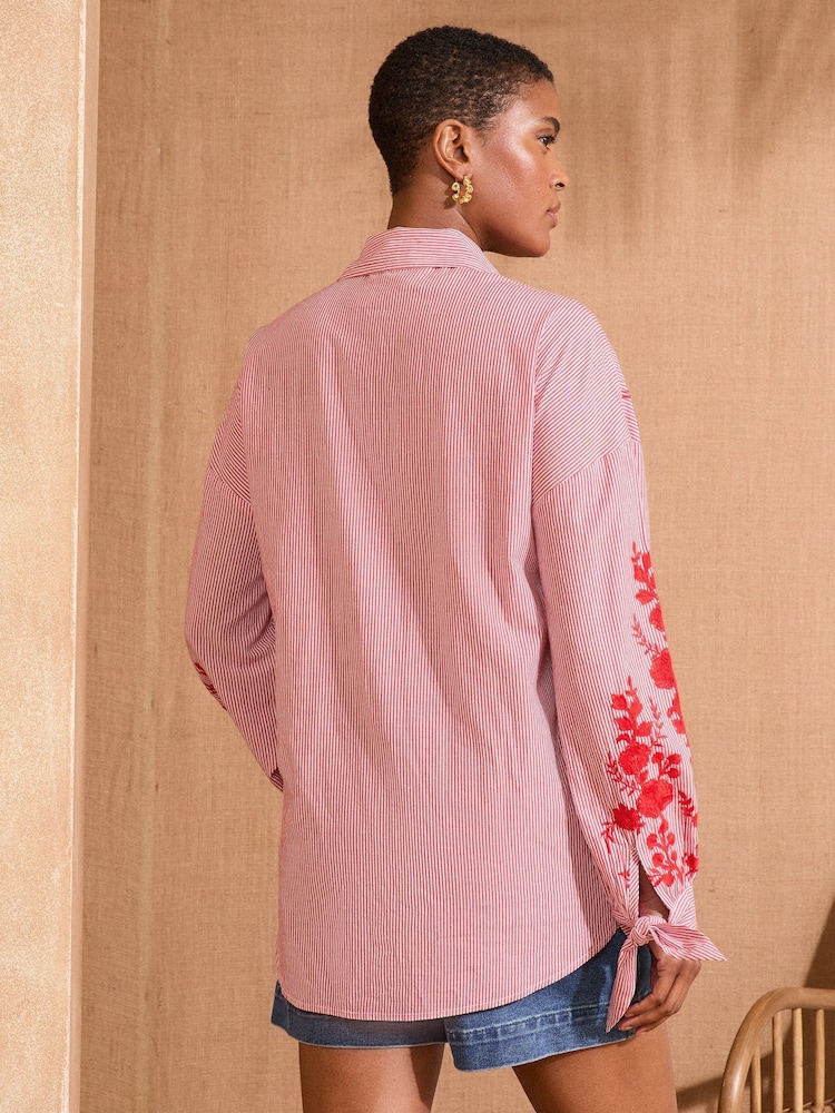Love & Roses Red Embroidered Stripe Tie Cuff Shirt - Image 4 of 4