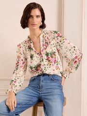 Love & Roses Ivory Floral Shirred Detail Dobby Long Sleeve Blouse - Image 1 of 4
