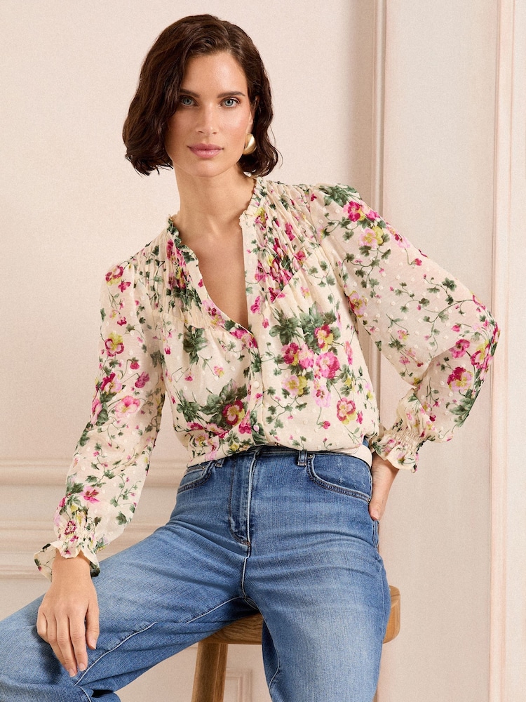 Love & Roses Ivory Floral Shirred Detail Dobby Long Sleeve Blouse - Image 1 of 4