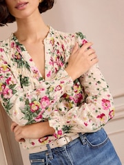 Love & Roses Ivory Floral Shirred Detail Dobby Long Sleeve Blouse - Image 2 of 4
