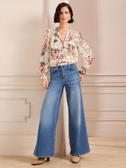 Love & Roses Ivory Floral Shirred Detail Dobby Long Sleeve Blouse - Image 3 of 4