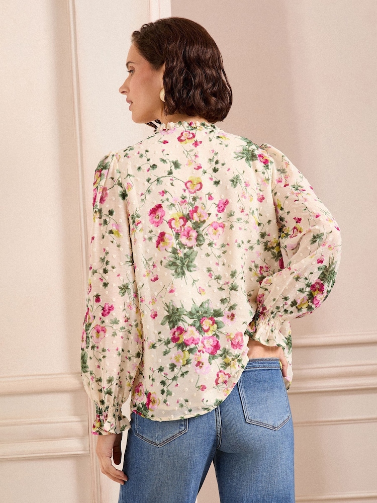 Love & Roses Ivory Floral Shirred Detail Dobby Long Sleeve Blouse - Image 4 of 4