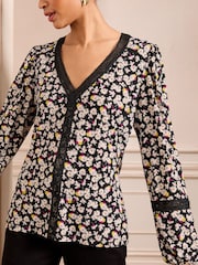 Love & Roses Monochrome Floral Printed Jersey V-Neck Lace Trim Long Sleeve Blouse - Image 3 of 4