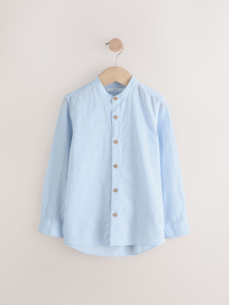 Pale Blue Grandad Collar Linen Mix Long Sleeve Shirt (3-16yrs) - Image 2 of 4