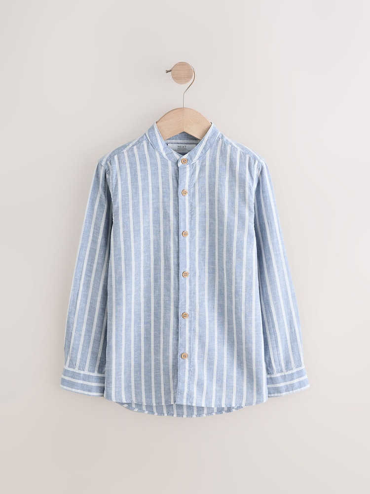 Blue Stripe Grandad Collar Linen Mix Long Sleeve Shirt (3-16yrs) - Image 1 of 4