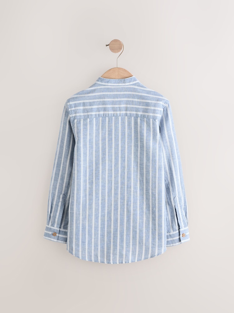 Blue Stripe Grandad Collar Linen Mix Long Sleeve Shirt (3-16yrs) - Image 2 of 4