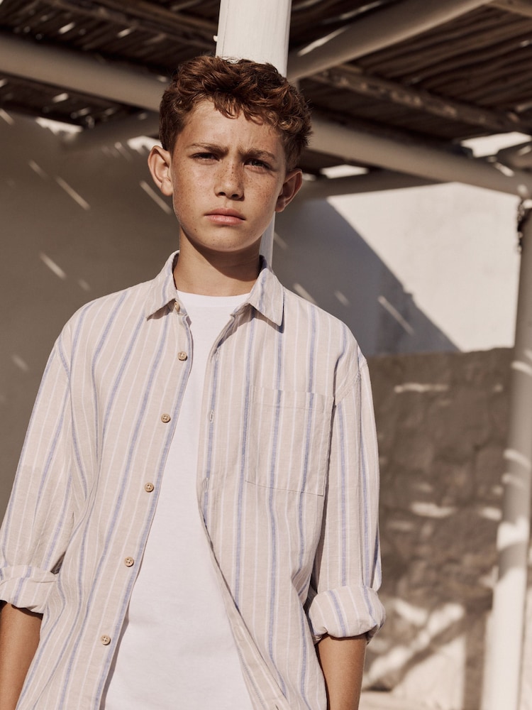 Neutral Stripe Long Sleeve Linen Mix Relax Fit Shirt (3-16yrs) - Image 4 of 9
