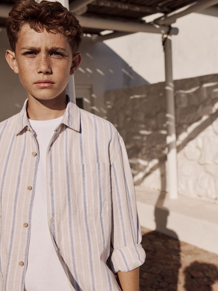 Neutral Stripe Long Sleeve Linen Mix Relax Fit Shirt (3-16yrs) - Image 5 of 9