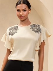 Lipsy Cream Flutter Sleeve Blouse With Lace Detail - Image 1 of 4
