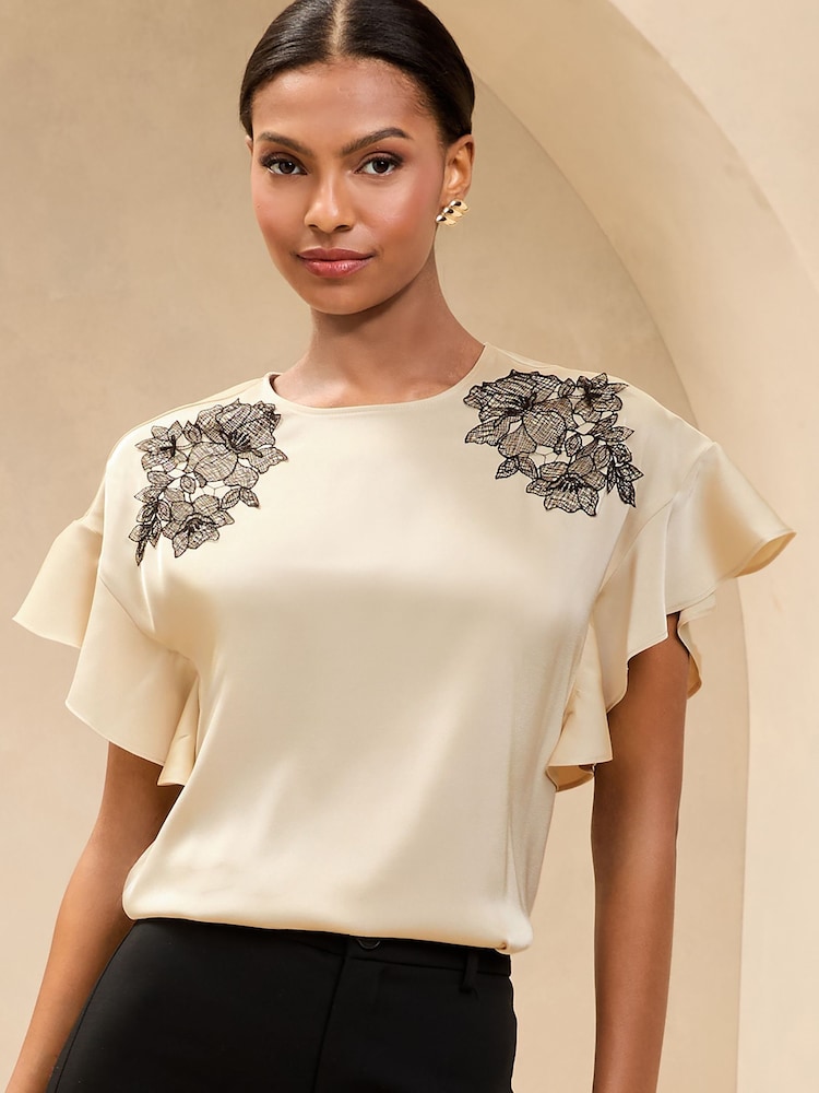 Lipsy Cream Flutter Sleeve Blouse With Lace Detail - Image 1 of 4