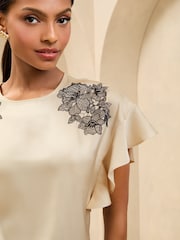 Lipsy Cream Flutter Sleeve Blouse With Lace Detail - Image 2 of 4