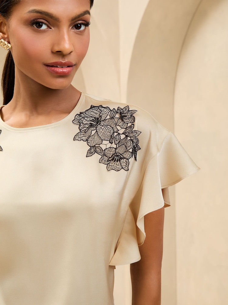 Lipsy Cream Flutter Sleeve Blouse With Lace Detail - Image 2 of 4