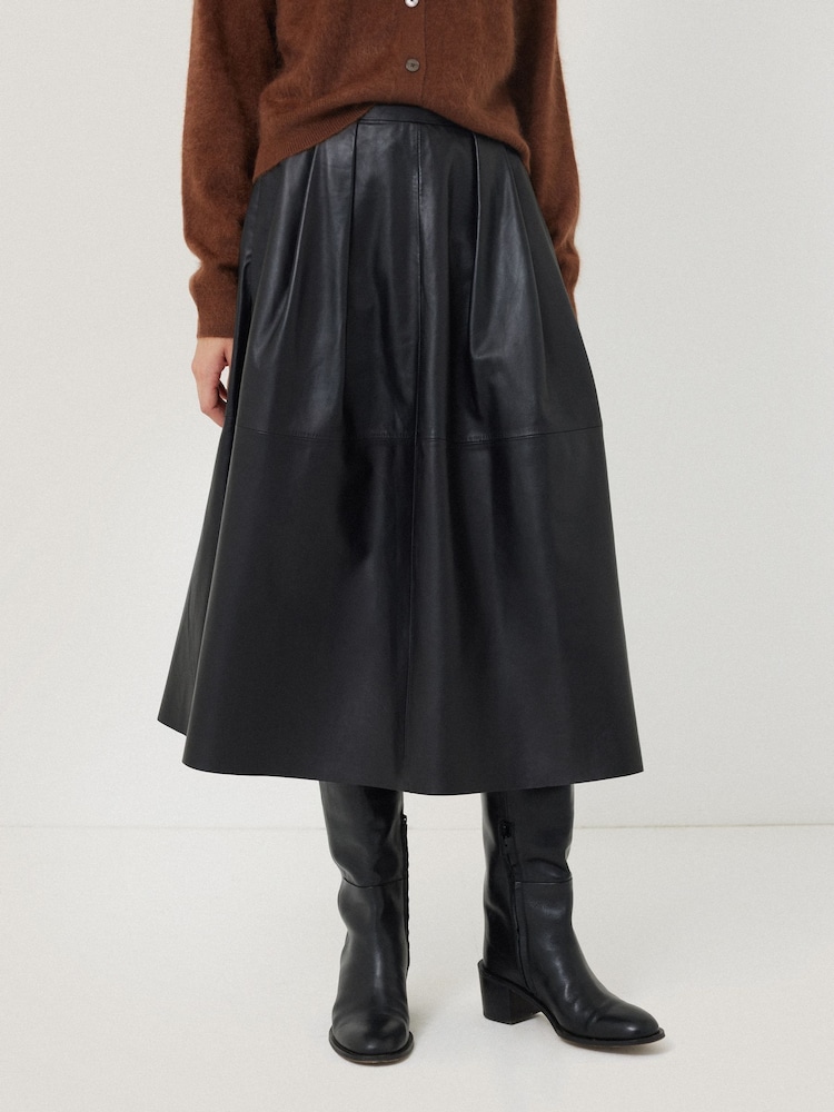 Jigsaw Black Leather Pleat Midi Skirt - Image 1 of 6