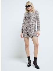 River Island Brown Leopard Print Shoulder Pad Shift Mini Dress - Image 5 of 9