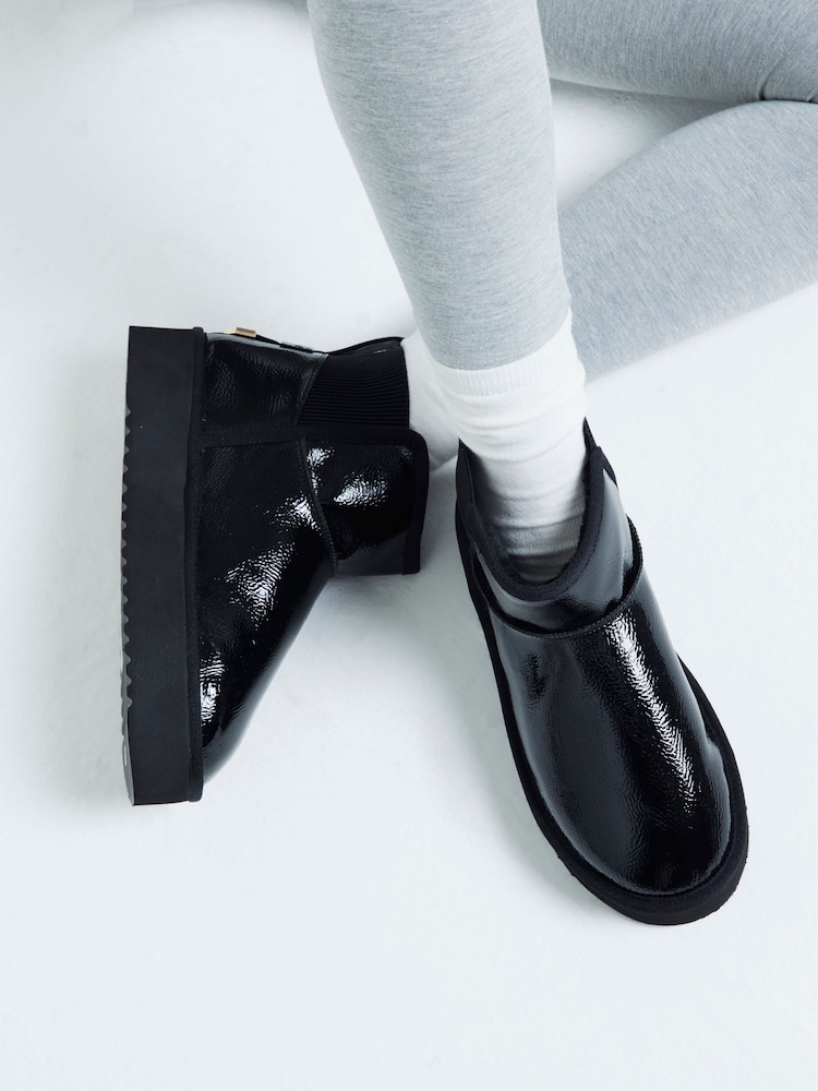 River Island Black Patent Faux Fur Lined Boots - Image 1 of 6 River Island Black Patent Faux Fur Lined Boots - Image 1 of 6