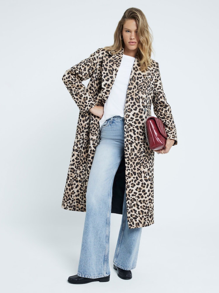 River Island Brown Brown Leopard Longline Coat - Image 1 of 6