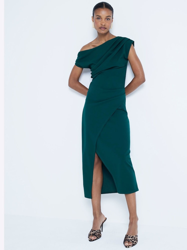 River Island Green Drape Asym Wrap Midi Dress - Image 2 of 4 River Island Green Drape Asym Wrap Midi Dress - Image 2 of 4