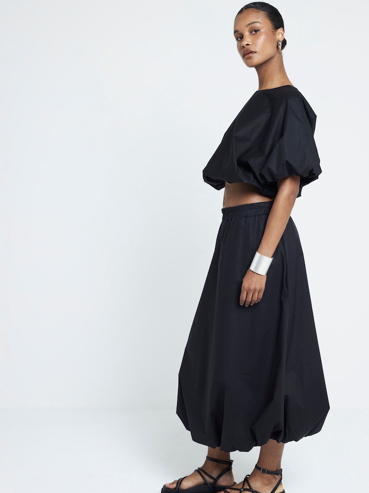 River Island Black Bubble Hem Midi Skirt - Image 1 of 4