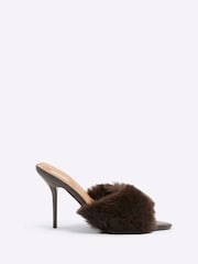River Island Brown Faux Fur Heeled Mules - Image 1 of 5